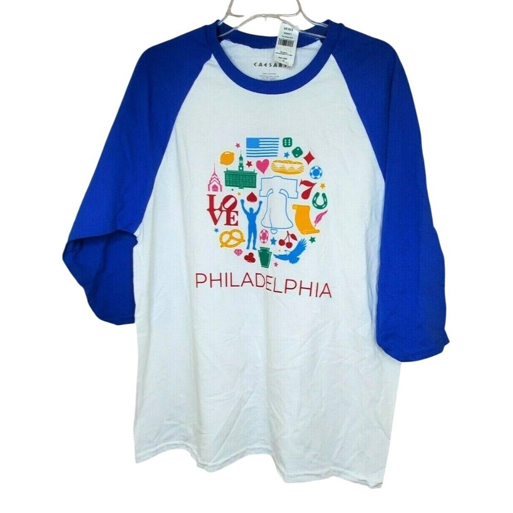 Unisex Caesars Large 1/4 Sleeve Philly Iconograph Raglan Royal Blue White Shirt
